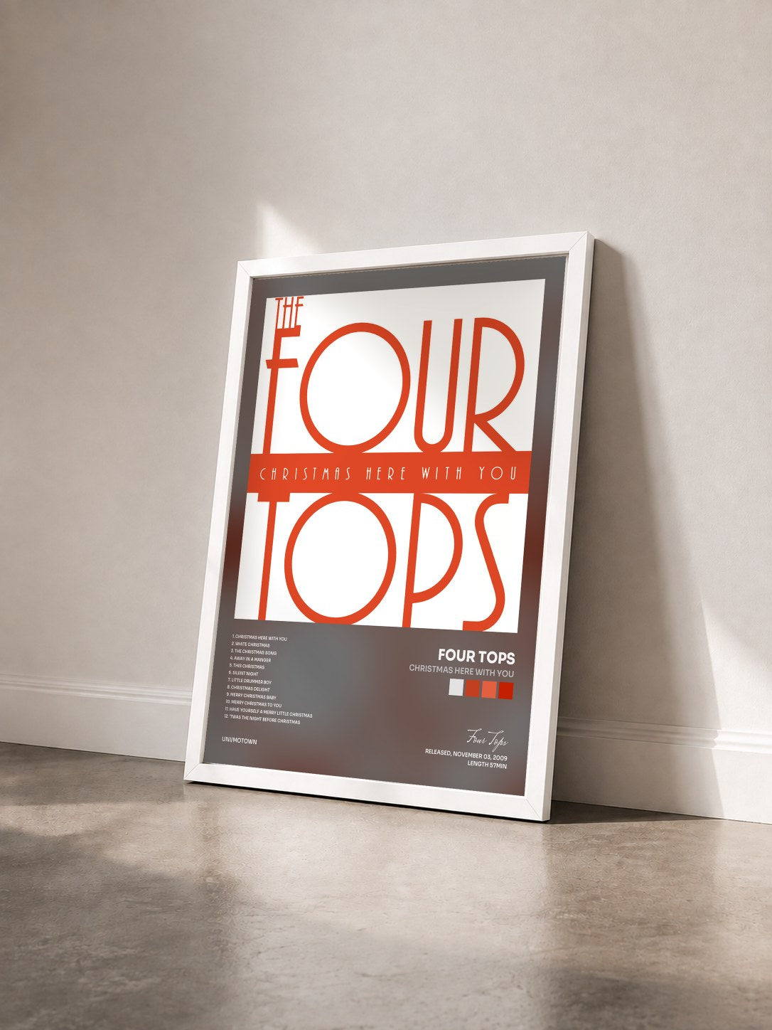 #blanc Tableau de l'album Christmas Here With You de Four Tops vu de trois quarts, cadre blanc