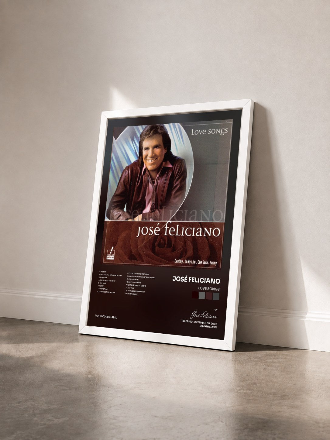 #blanc Tableau de l'album Love Songs de José Feliciano vu de trois quarts, cadre blanc