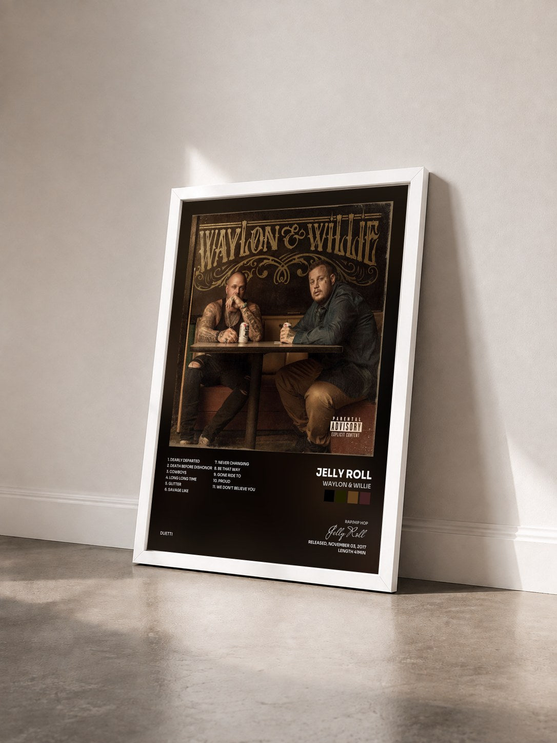 #blanc Tableau de l'album Waylon & Willie de Jelly Roll vu de trois quarts, cadre blanc