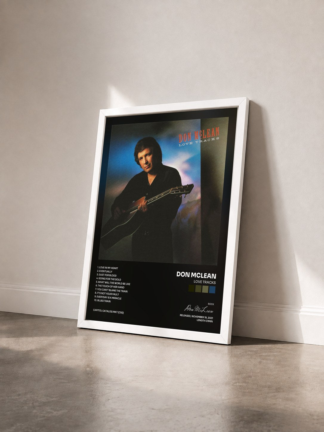#blanc Tableau de l'album Love Tracks de Don McLean vu de trois quarts, cadre blanc