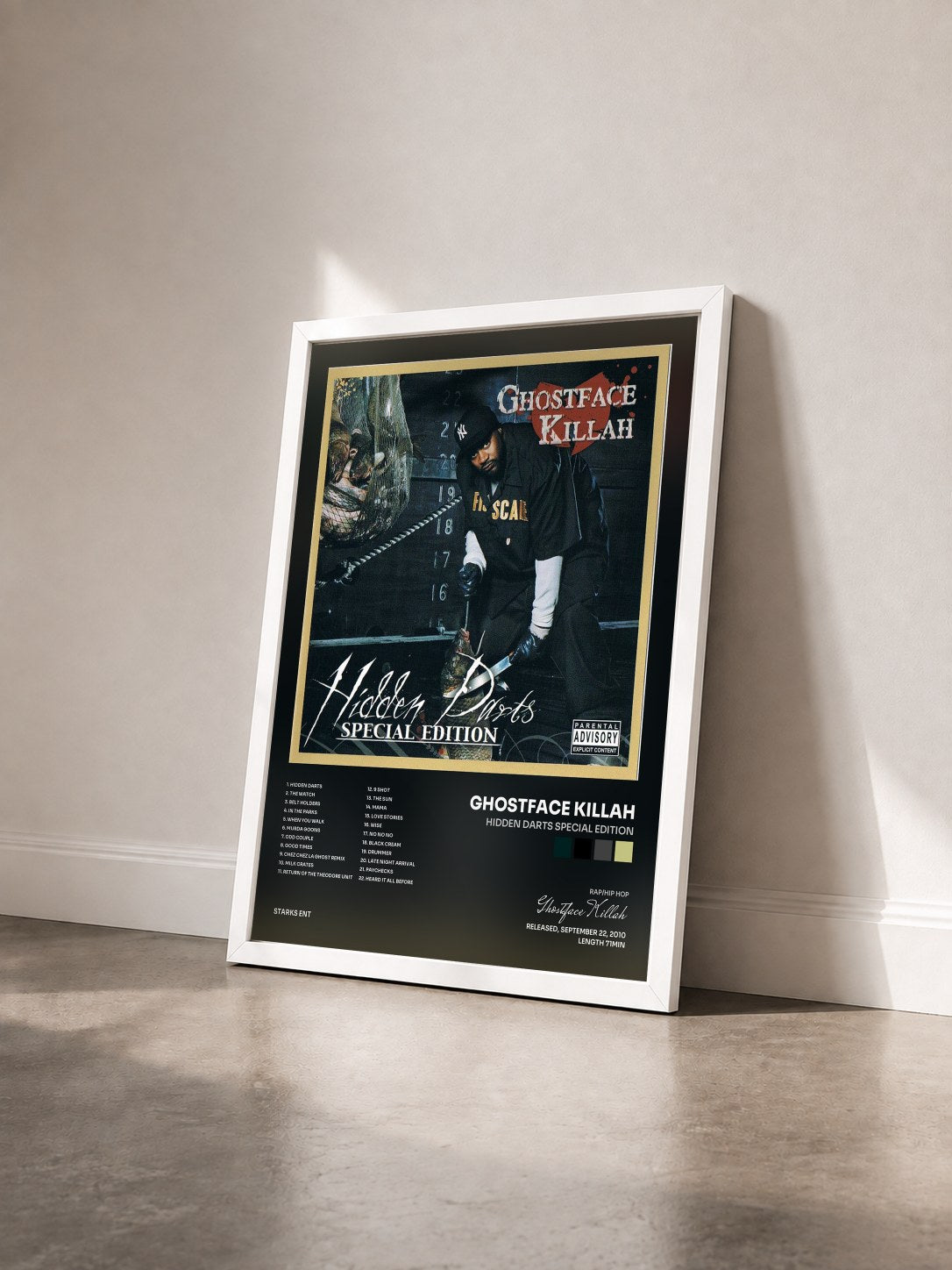 #blanc Tableau de l'album Hidden Darts Special Edition de Ghostface Killah vu de trois quarts, cadre blanc