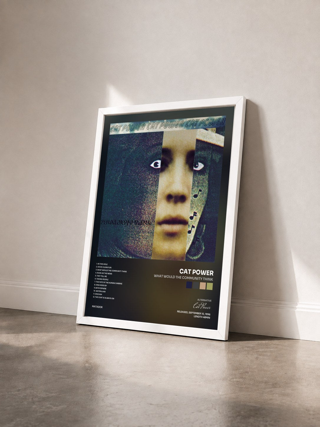 #blanc Tableau de l'album What Would the Community Think de Cat Power vu de trois quarts, cadre blanc
