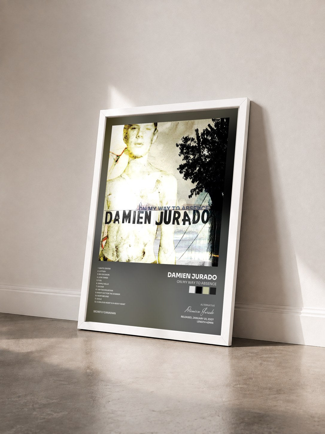 #blanc Tableau de l'album On My Way To Absence de Damien Jurado vu de trois quarts, cadre blanc