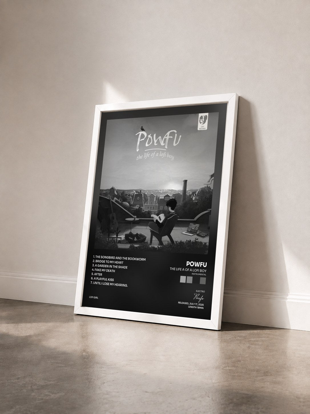 #blanc Tableau de l'album the life a of a lofi boy (Instrumental) de Powfu vu de trois quarts, cadre blanc