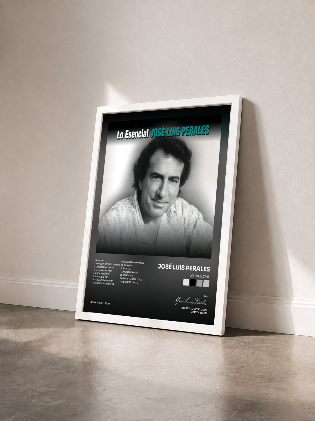 #blanc Tableau de l'album Lo Esencial de José Luis Perales vu de trois quarts, cadre blanc