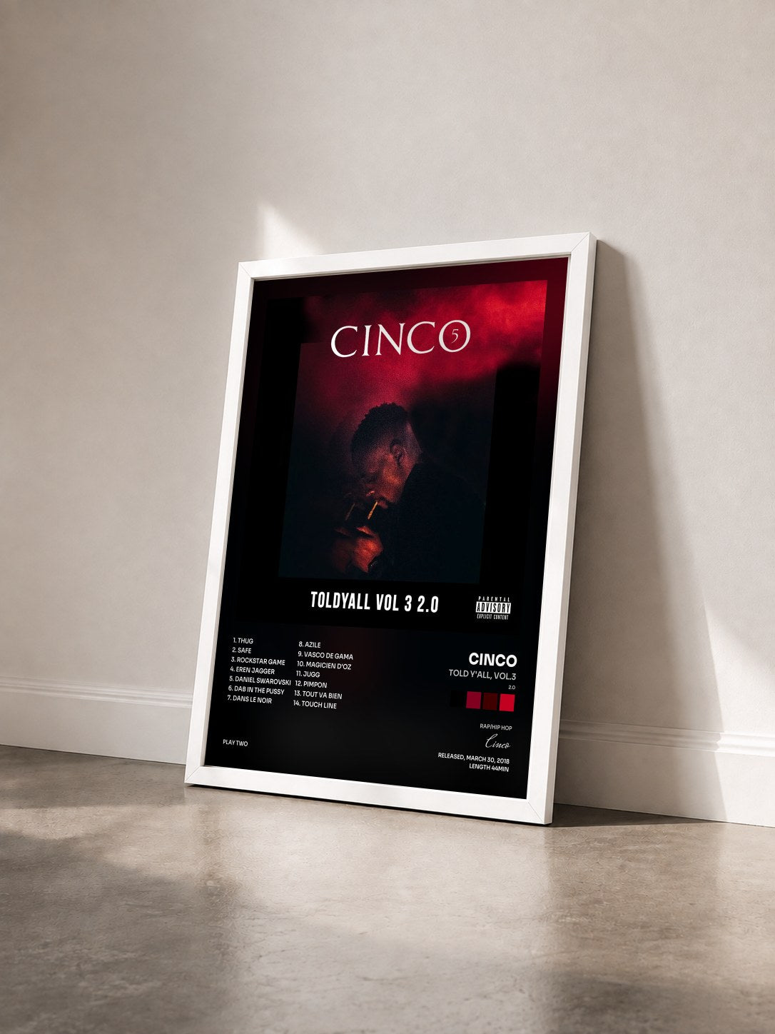 #blanc Tableau de l'album Told Y'all, Vol.3 (2.0) de Cinco vu de trois quarts, cadre blanc