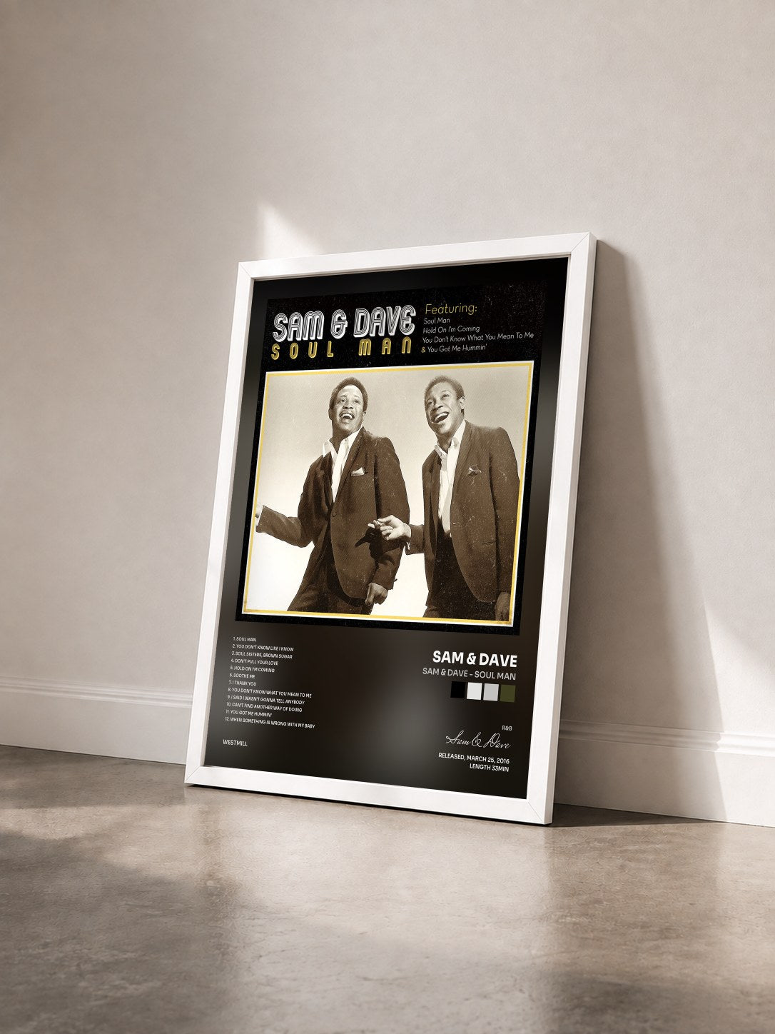 #blanc Tableau de l'album Sam & Dave - Soul Man de Sam & Dave vu de trois quarts, cadre blanc