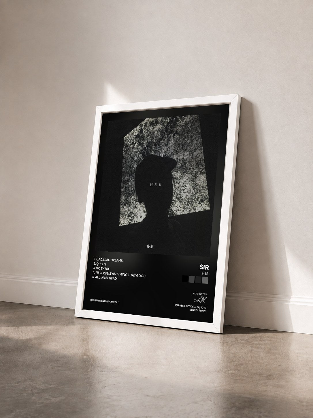 #blanc Tableau de l'album HER de SiR vu de trois quarts, cadre blanc