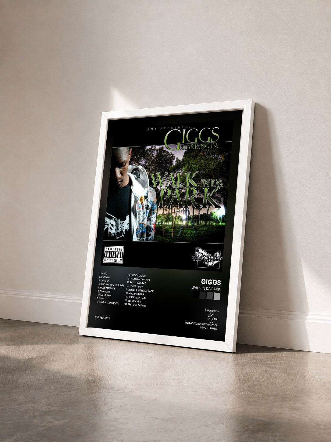 #blanc Tableau de l'album Walk in Da Park de Giggs vu de trois quarts, cadre blanc
