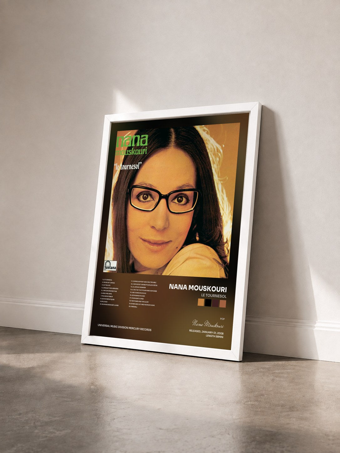 #blanc Tableau de l'album Le Tournesol de Nana Mouskouri vu de trois quarts, cadre blanc