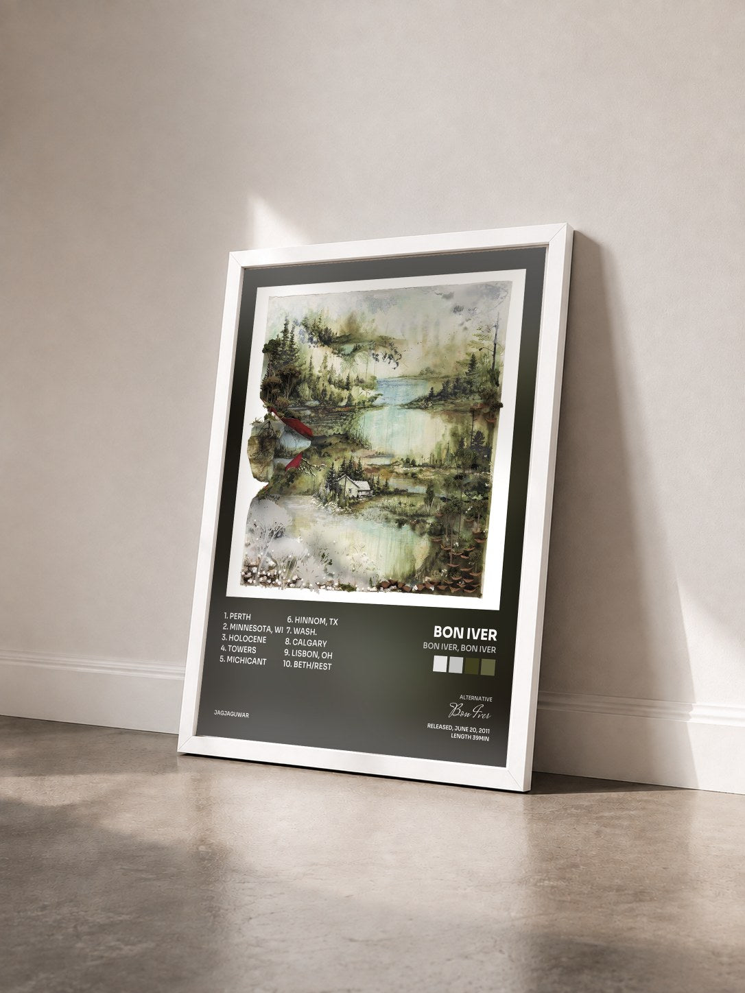 #blanc Tableau de l'album Bon Iver, Bon Iver de Bon Iver vu de trois quarts, cadre blanc