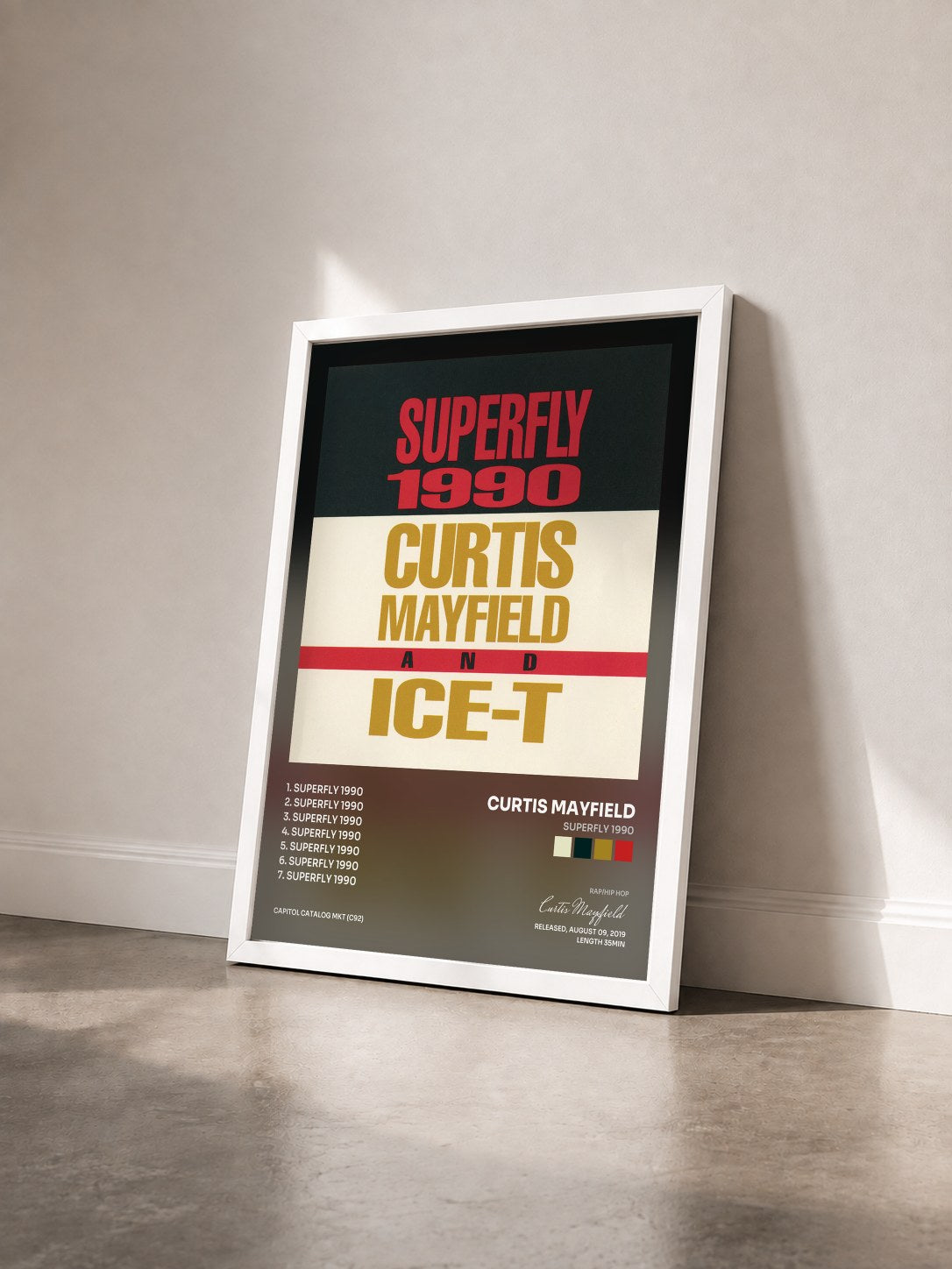 #blanc Tableau de l'album Superfly 1990 de Curtis Mayfield vu de trois quarts, cadre blanc
