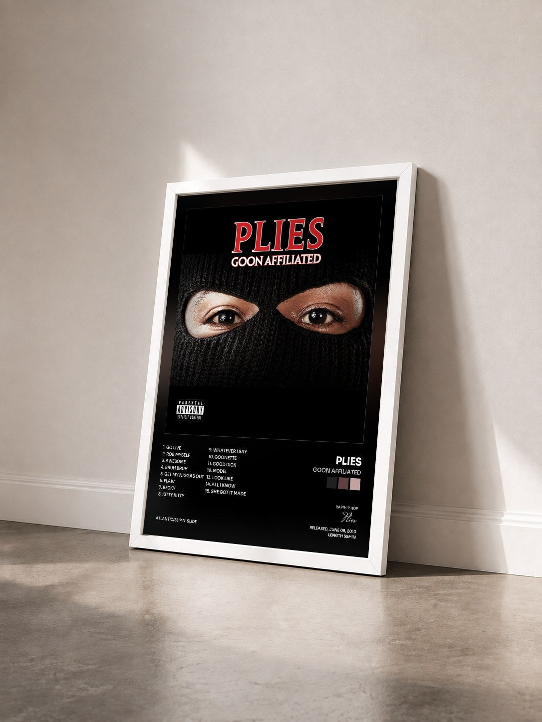 #blanc Tableau de l'album Goon Affiliated de Plies vu de trois quarts, cadre blanc