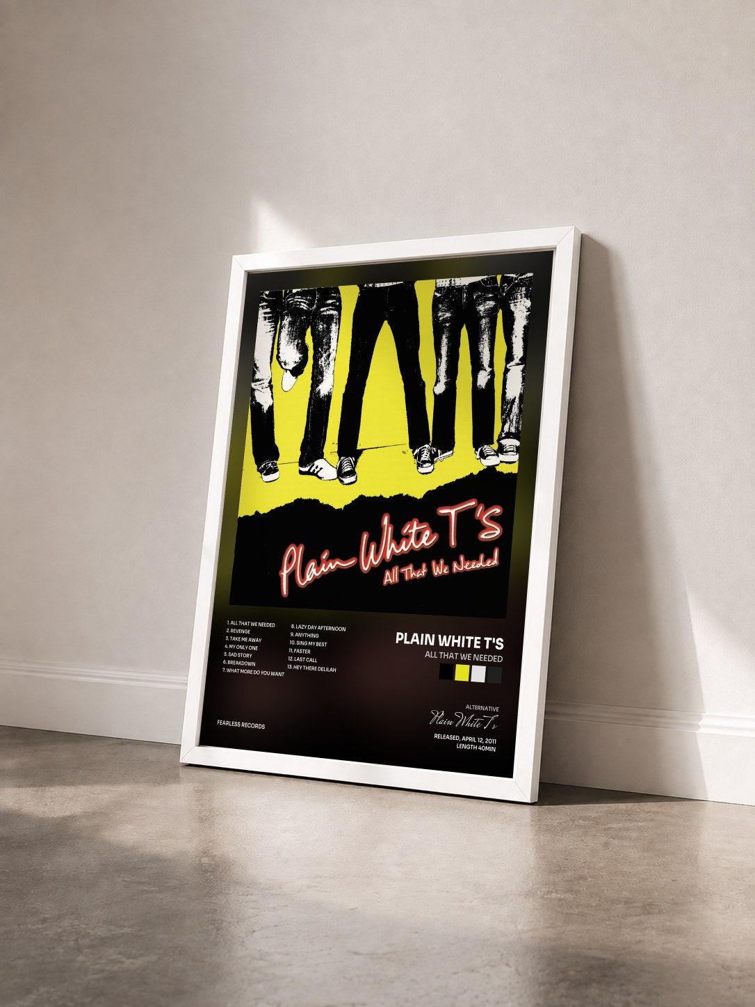 #blanc Tableau de l'album All That We Needed de Plain White T's vu de trois quarts, cadre blanc
