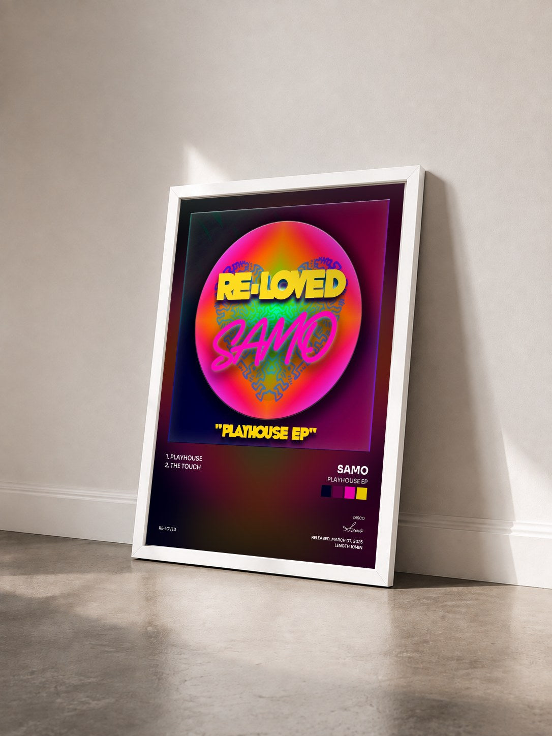 #blanc Tableau de l'album Playhouse EP de Samo vu de trois quarts, cadre blanc
