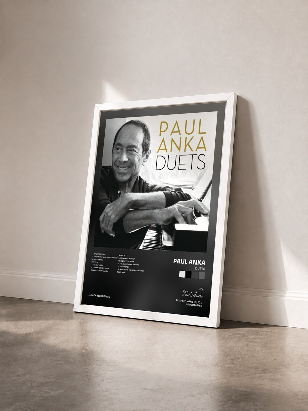 #blanc Tableau de l'album Duets de Paul Anka vu de trois quarts, cadre blanc