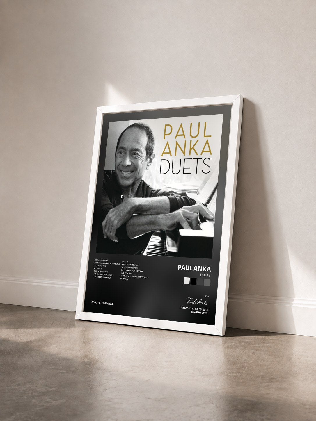 #blanc Tableau de l'album Duets de Paul Anka vu de trois quarts, cadre blanc