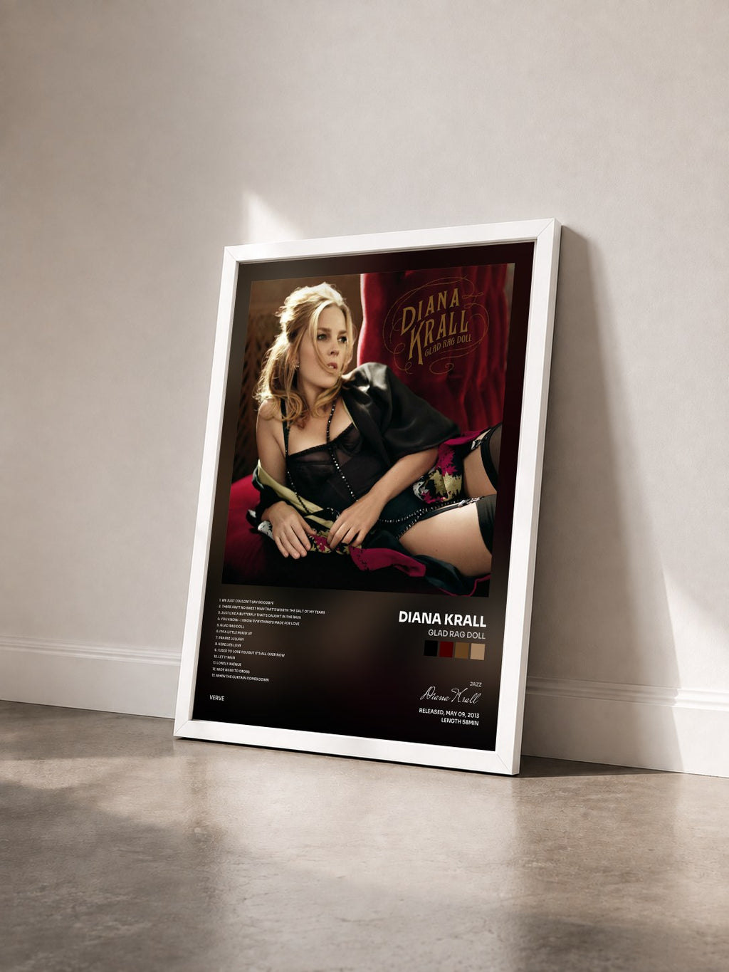 #blanc Tableau de l'album Glad Rag Doll de Diana Krall vu de trois quarts, cadre blanc