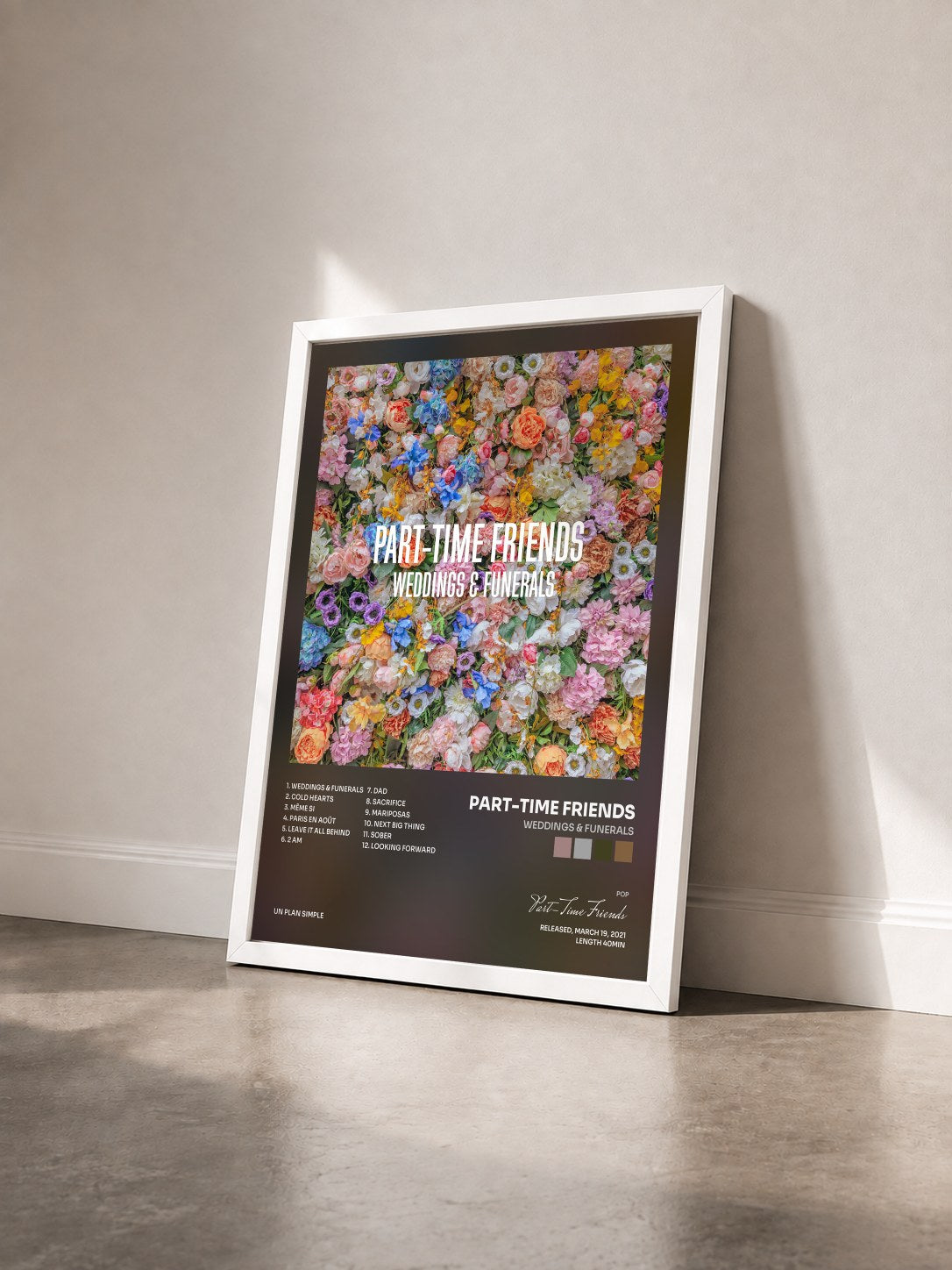 #blanc Tableau de l'album Weddings & Funerals de Part-Time Friends vu de trois quarts, cadre blanc