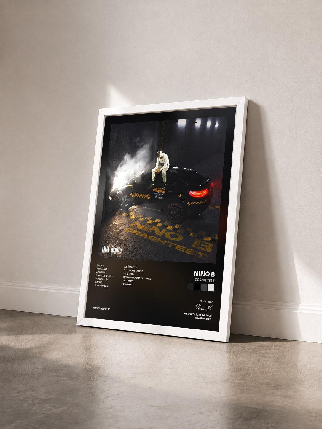 #blanc Tableau de l'album Crash Test de Nino B vu de trois quarts, cadre blanc