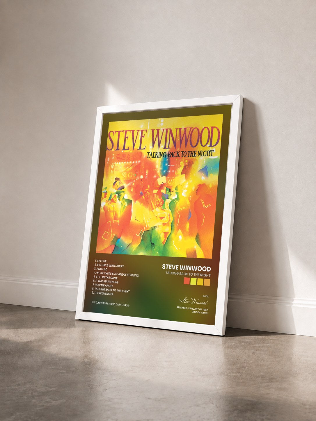 #blanc Tableau de l'album Talking Back To The Night de Steve Winwood vu de trois quarts, cadre blanc