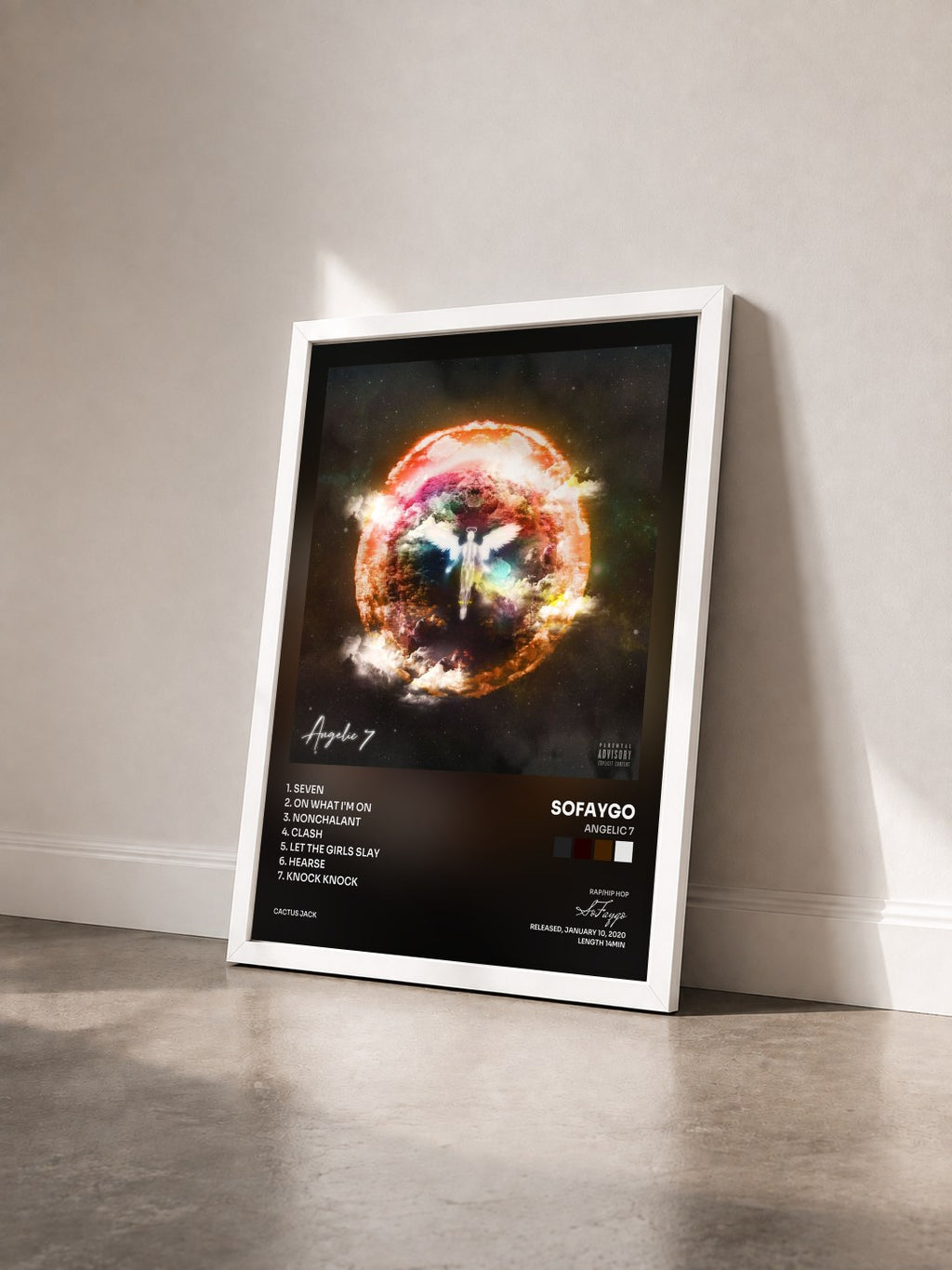 #blanc Tableau de l'album Angelic 7 de SoFaygo vu de trois quarts, cadre blanc