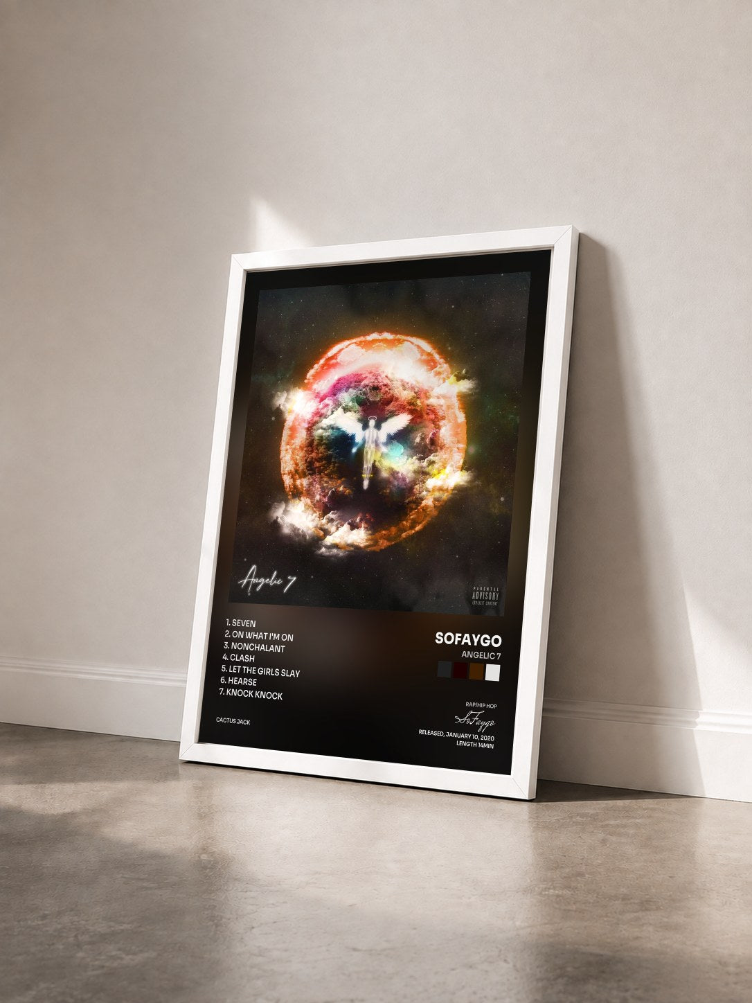 #blanc Tableau de l'album Angelic 7 de SoFaygo vu de trois quarts, cadre blanc