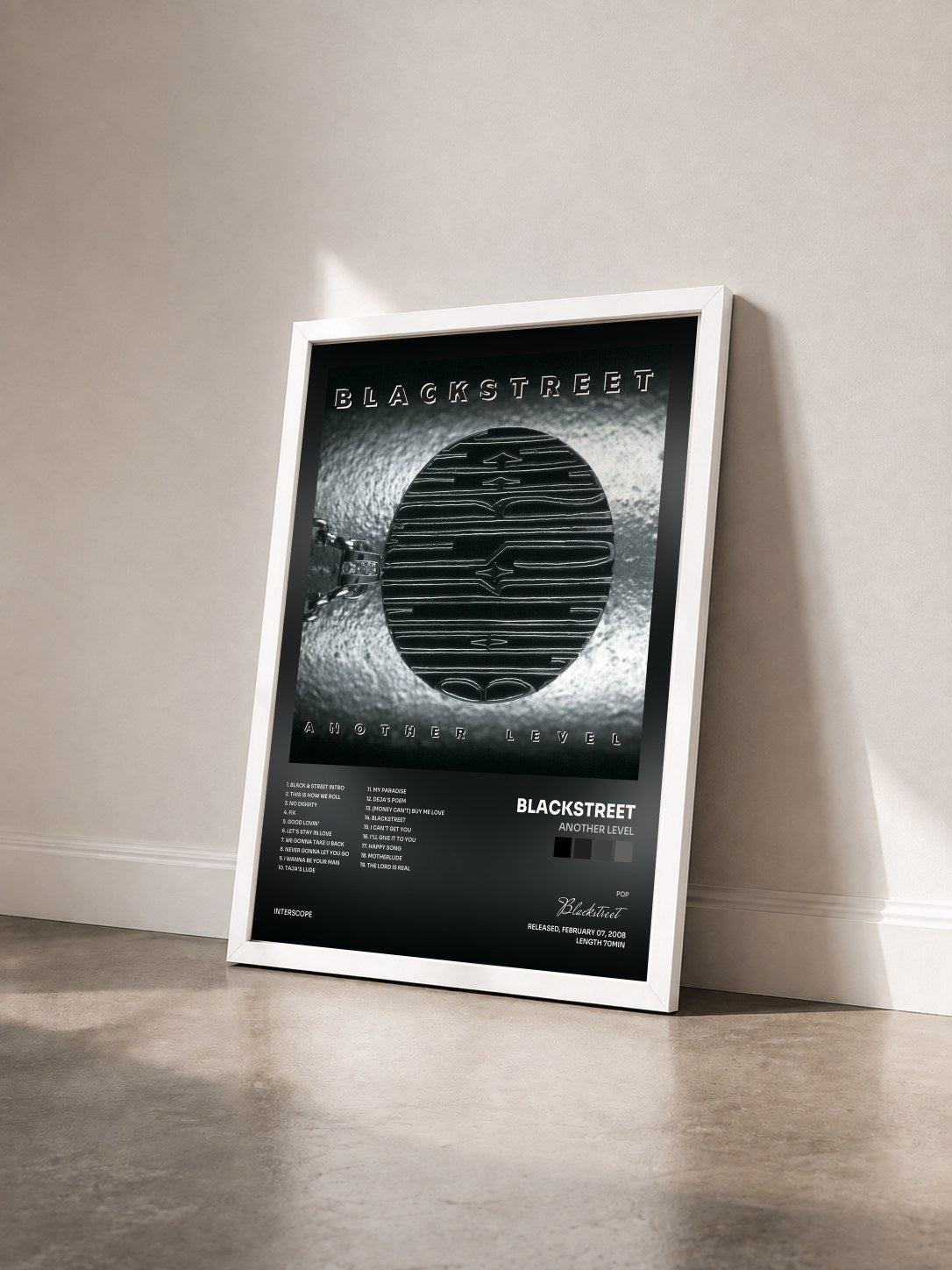 #blanc Tableau de l'album Another Level de Blackstreet vu de trois quarts, cadre blanc