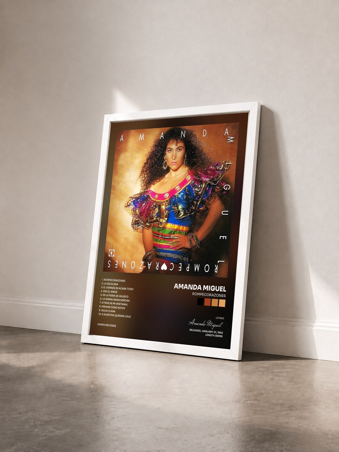 #blanc Tableau de l'album Rompecorazones de Amanda Miguel vu de trois quarts, cadre blanc