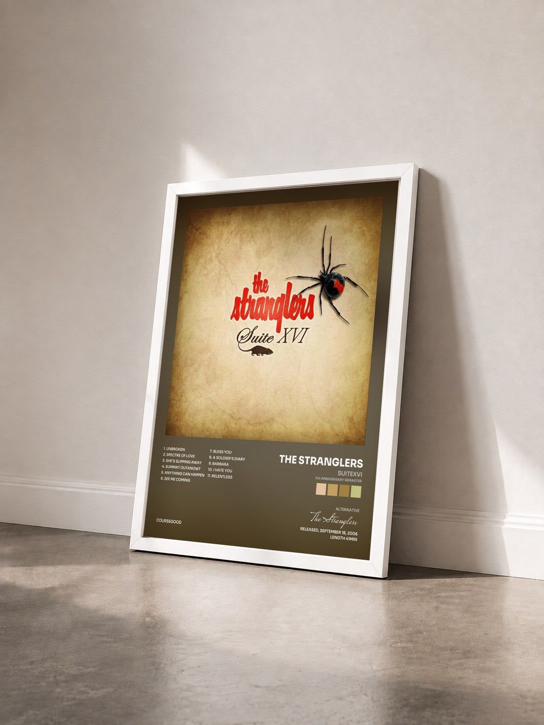 #blanc Tableau de l'album SuiteXVI (XVI Anniversary Remaster) de The Stranglers vu de trois quarts, cadre blanc