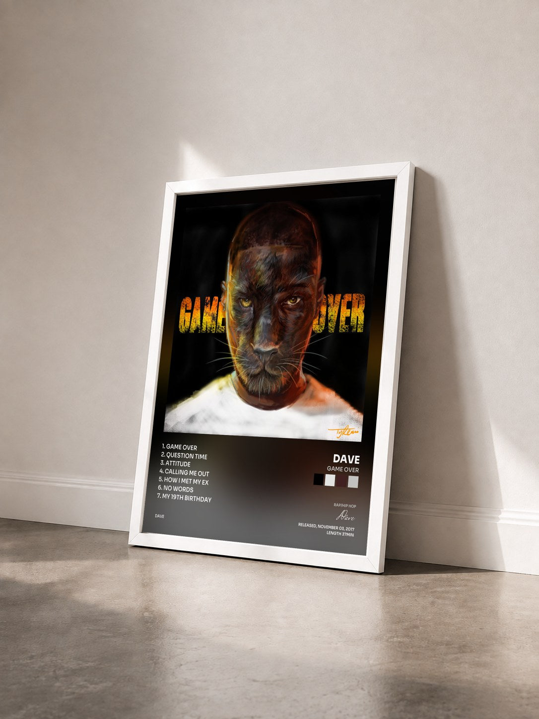 #blanc Tableau de l'album Game Over de Dave vu de trois quarts, cadre blanc
