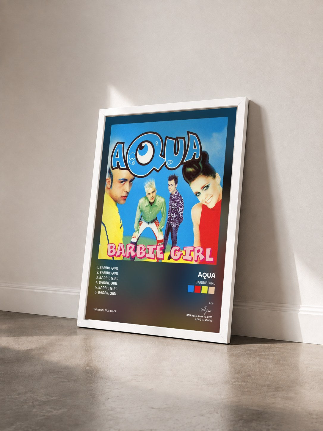 #blanc Tableau de l'album Barbie Girl de Aqua vu de trois quarts, cadre blanc