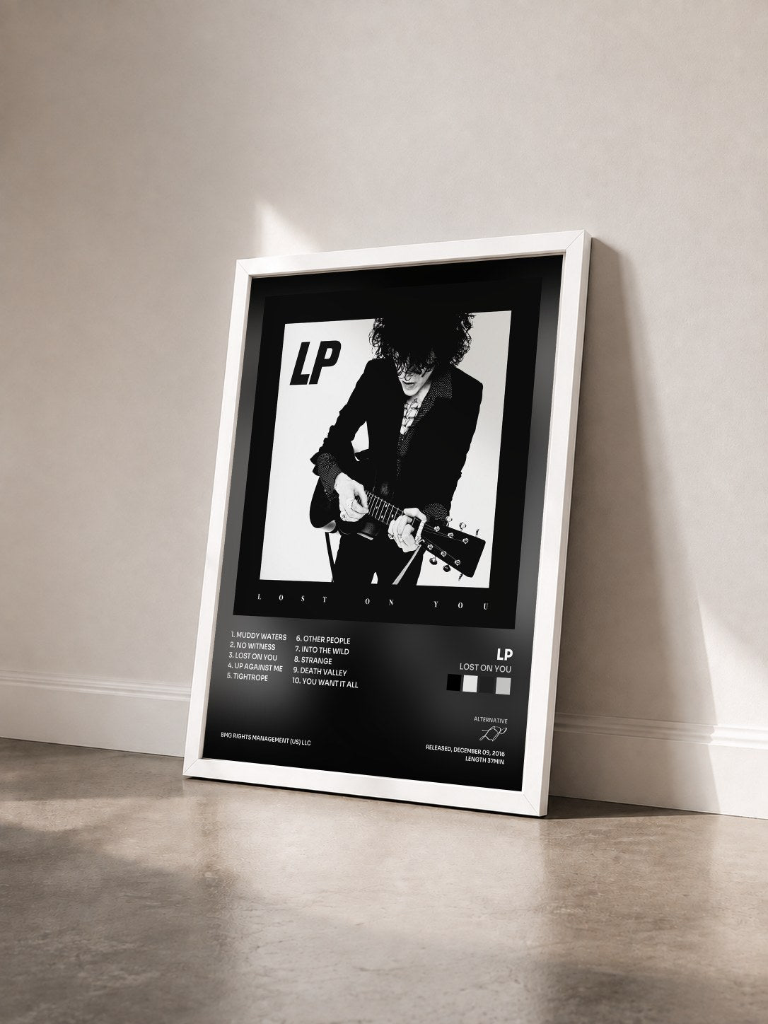 #blanc Tableau de l'album Lost On You de LP vu de trois quarts, cadre blanc