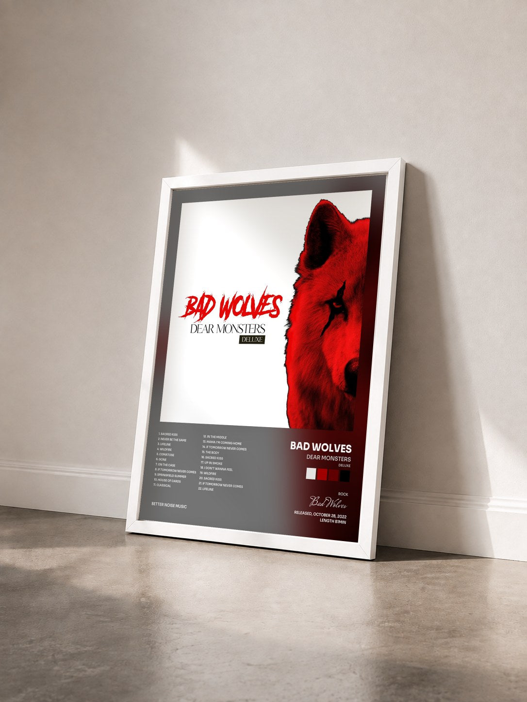 #blanc Tableau de l'album Dear Monsters (Deluxe) de Bad Wolves vu de trois quarts, cadre blanc