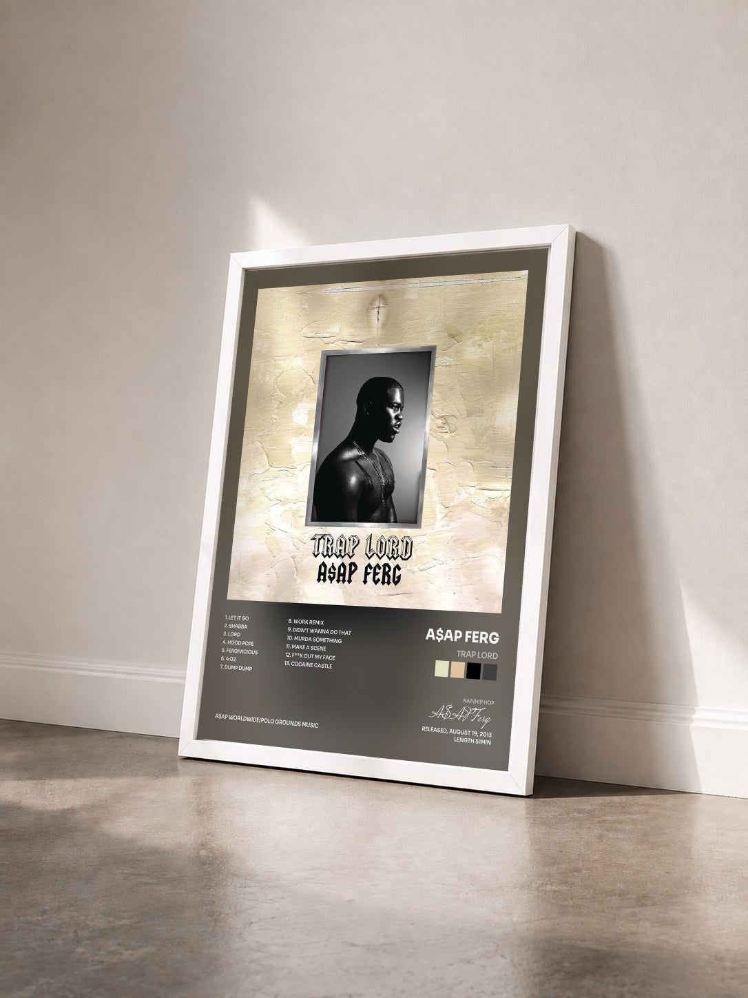 #blanc Tableau de l'album Trap Lord de A$AP Ferg vu de trois quarts, cadre blanc