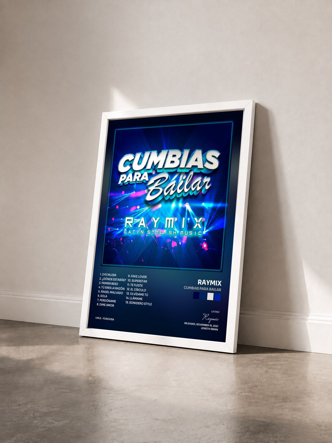 #blanc Tableau de l'album Cumbias Para Bailar de Raymix vu de trois quarts, cadre blanc