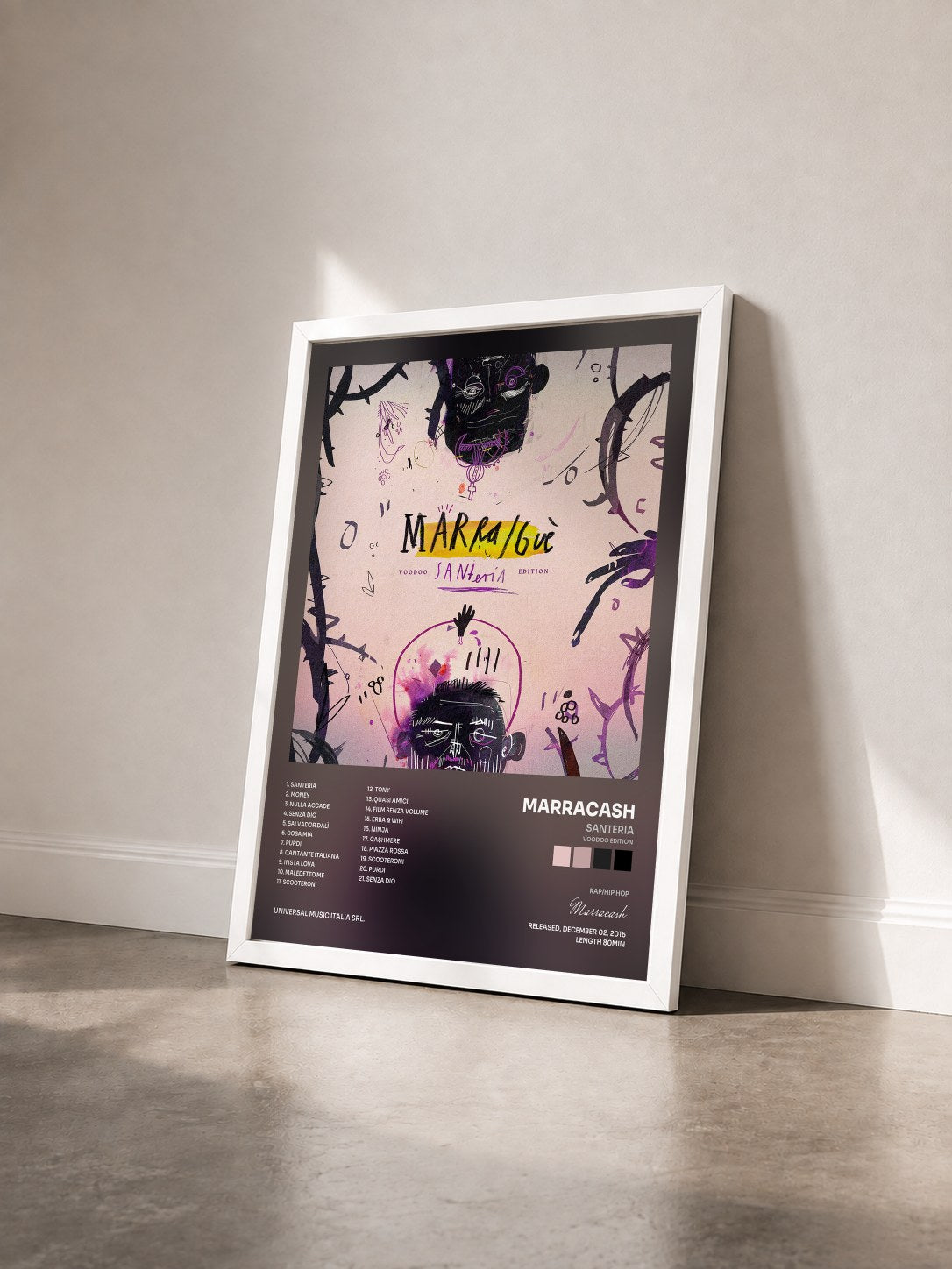 #blanc Tableau de l'album Santeria (Voodoo Edition) de Marracash vu de trois quarts, cadre blanc