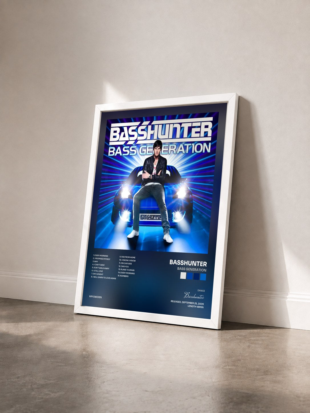 #blanc Tableau de l'album Bass Generation de Basshunter vu de trois quarts, cadre blanc