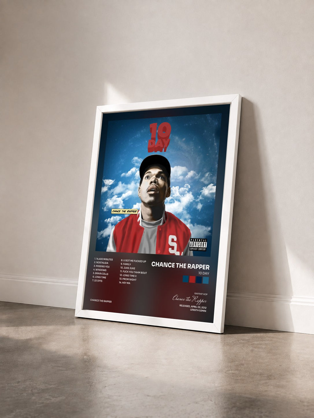 #blanc Tableau de l'album 10 Day de Chance the Rapper vu de trois quarts, cadre blanc