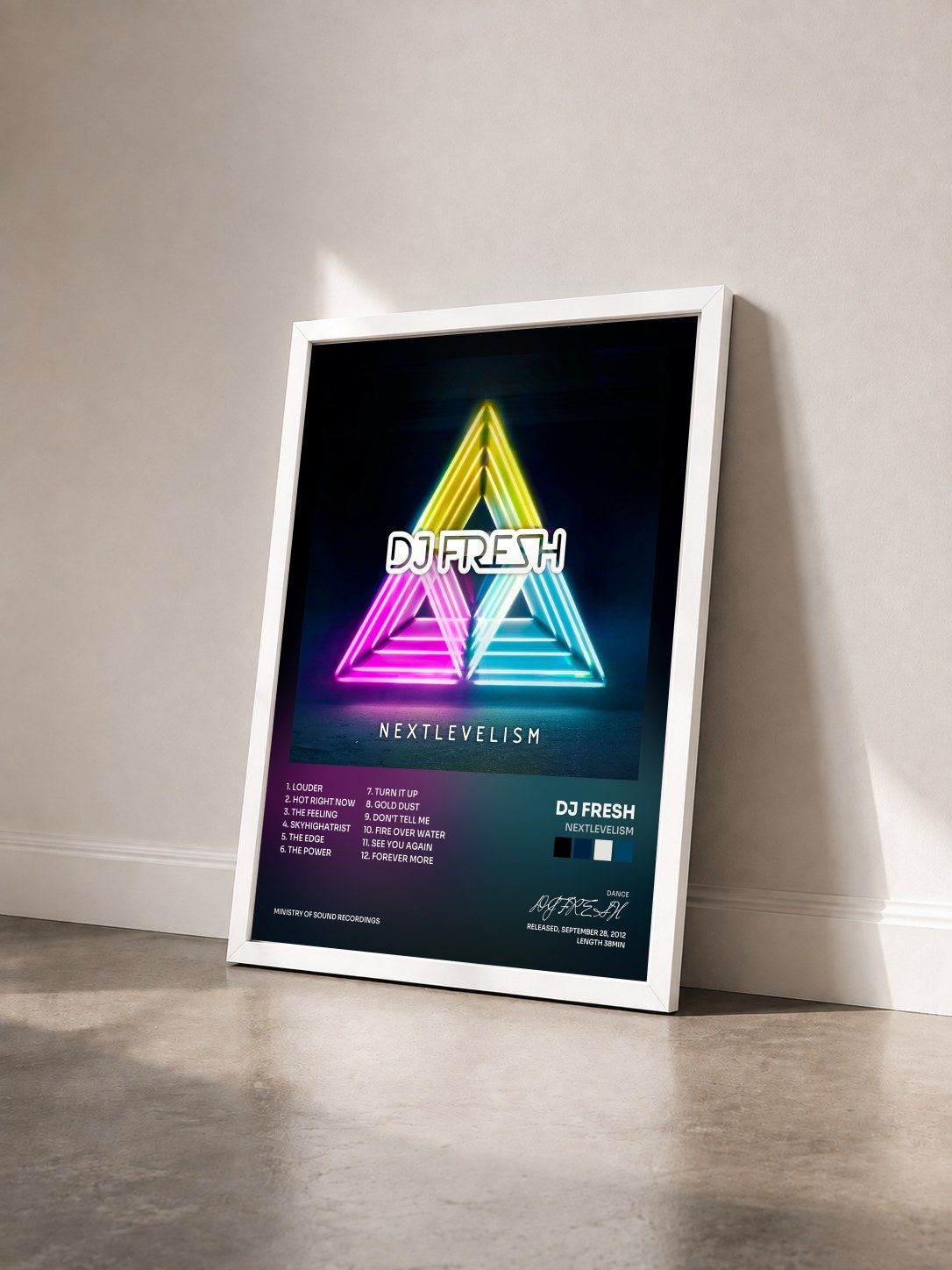 #blanc Tableau de l'album Nextlevelism de DJ FRESH vu de trois quarts, cadre blanc