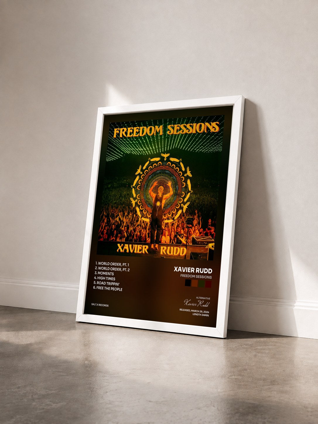#blanc Tableau de l'album Freedom Sessions de Xavier Rudd vu de trois quarts, cadre blanc