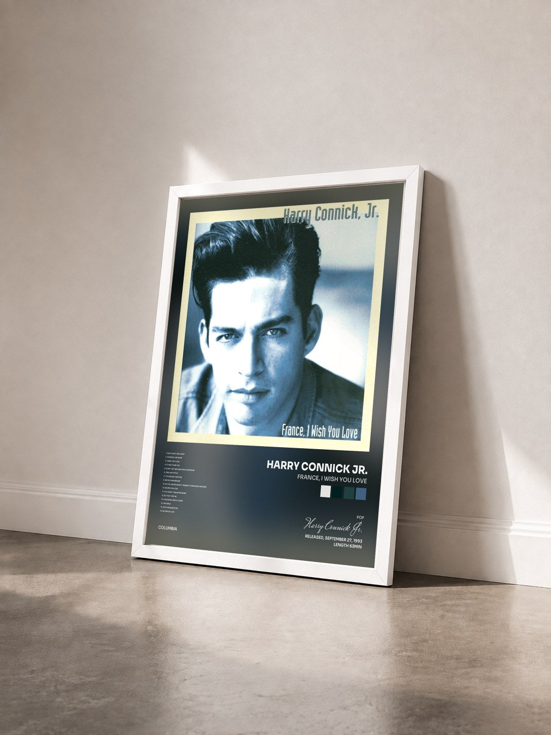 #blanc Tableau de l'album France, I Wish You Love de Harry Connick Jr. vu de trois quarts, cadre blanc