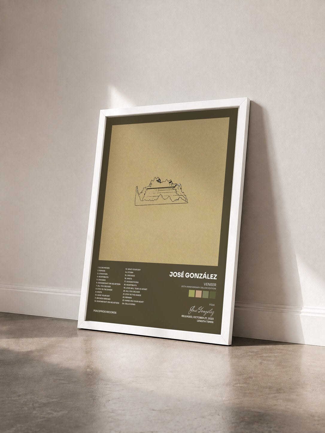 #blanc Tableau de l'album Veneer(20th Anniversary Deluxe Edition) de José González vu de trois quarts, cadre blanc