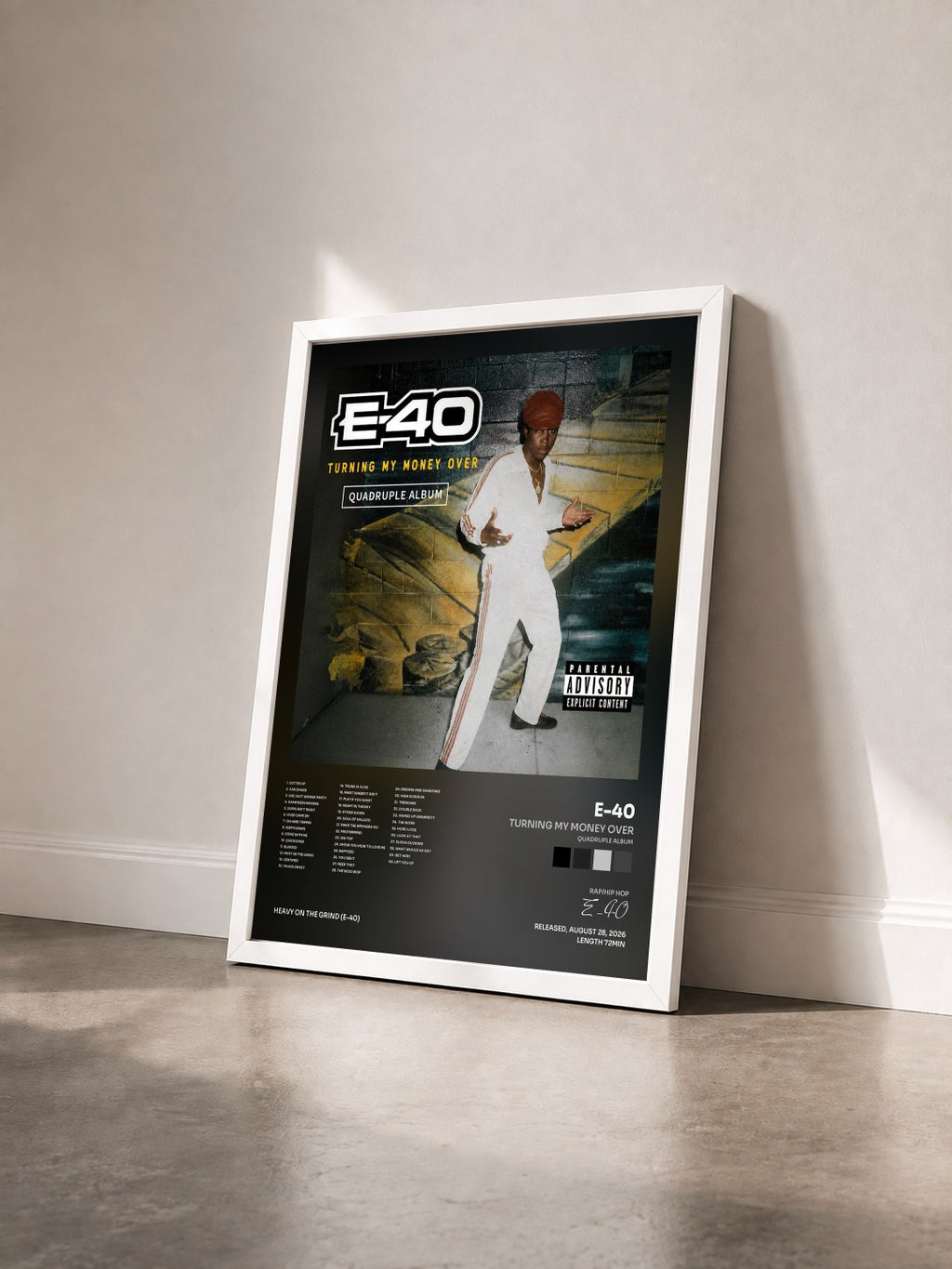 #blanc Tableau de l'album Turning My Money Over (Quadruple Album) de E-40 vu de trois quarts, cadre blanc