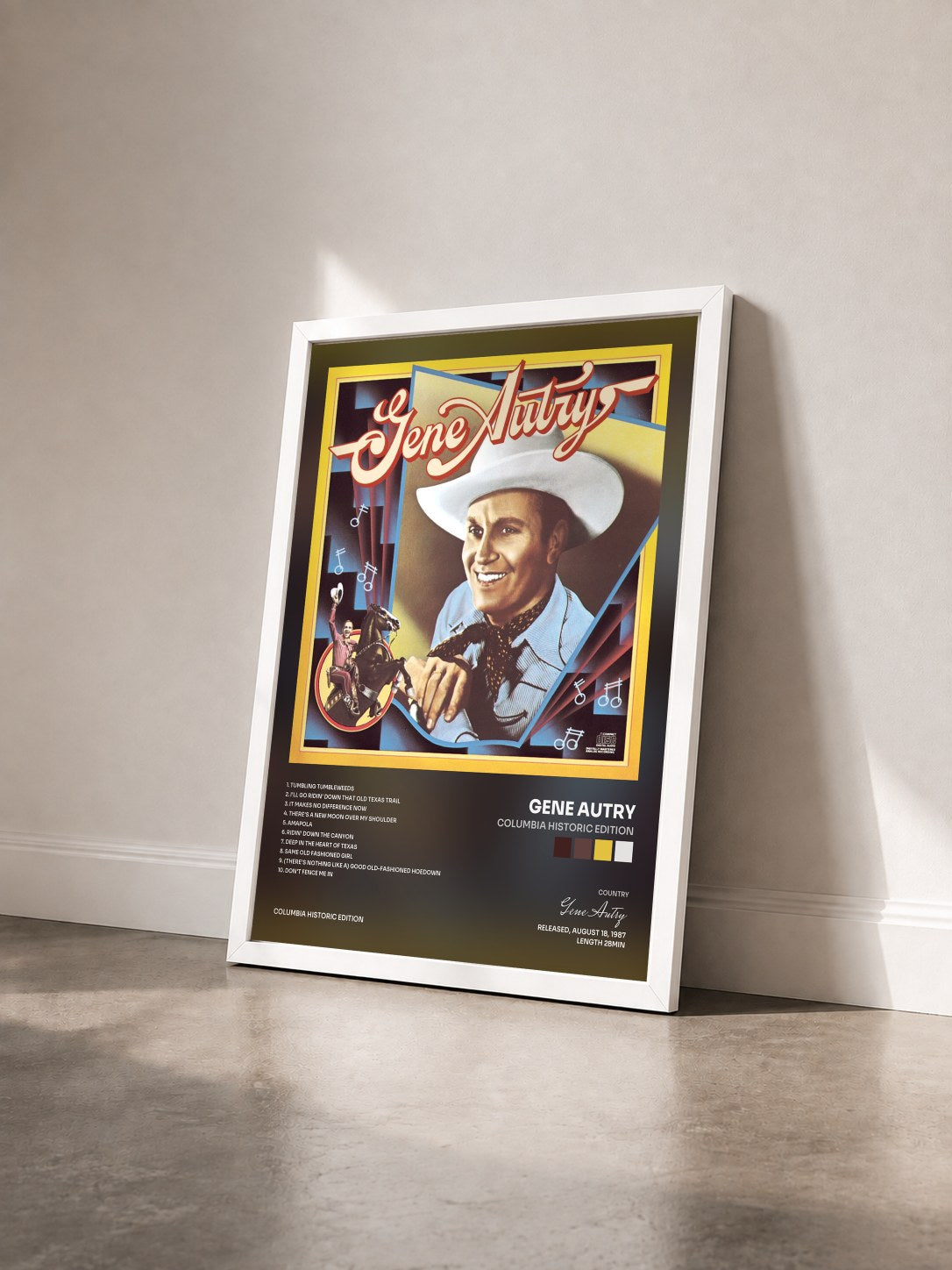 #blanc Tableau de l'album Columbia Historic Edition de Gene Autry vu de trois quarts, cadre blanc