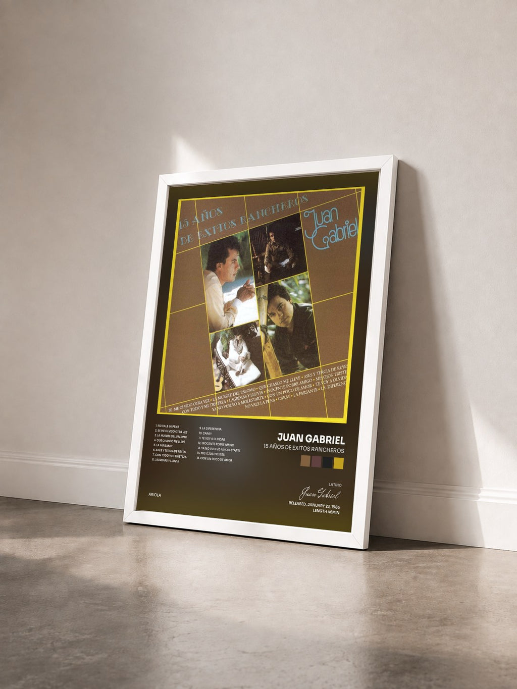 #blanc 15 Años De Exitos Rancheros by Juan Gabriel as a framed art print seen at an angle, white frame