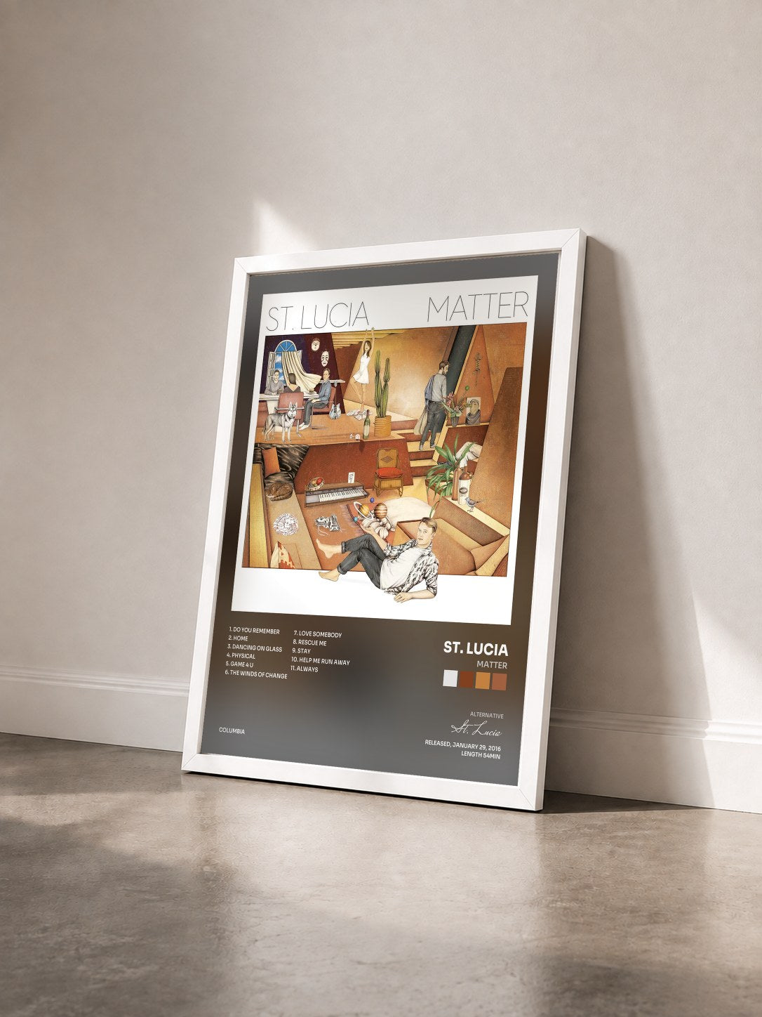 #blanc Tableau de l'album Matter de St. Lucia vu de trois quarts, cadre blanc