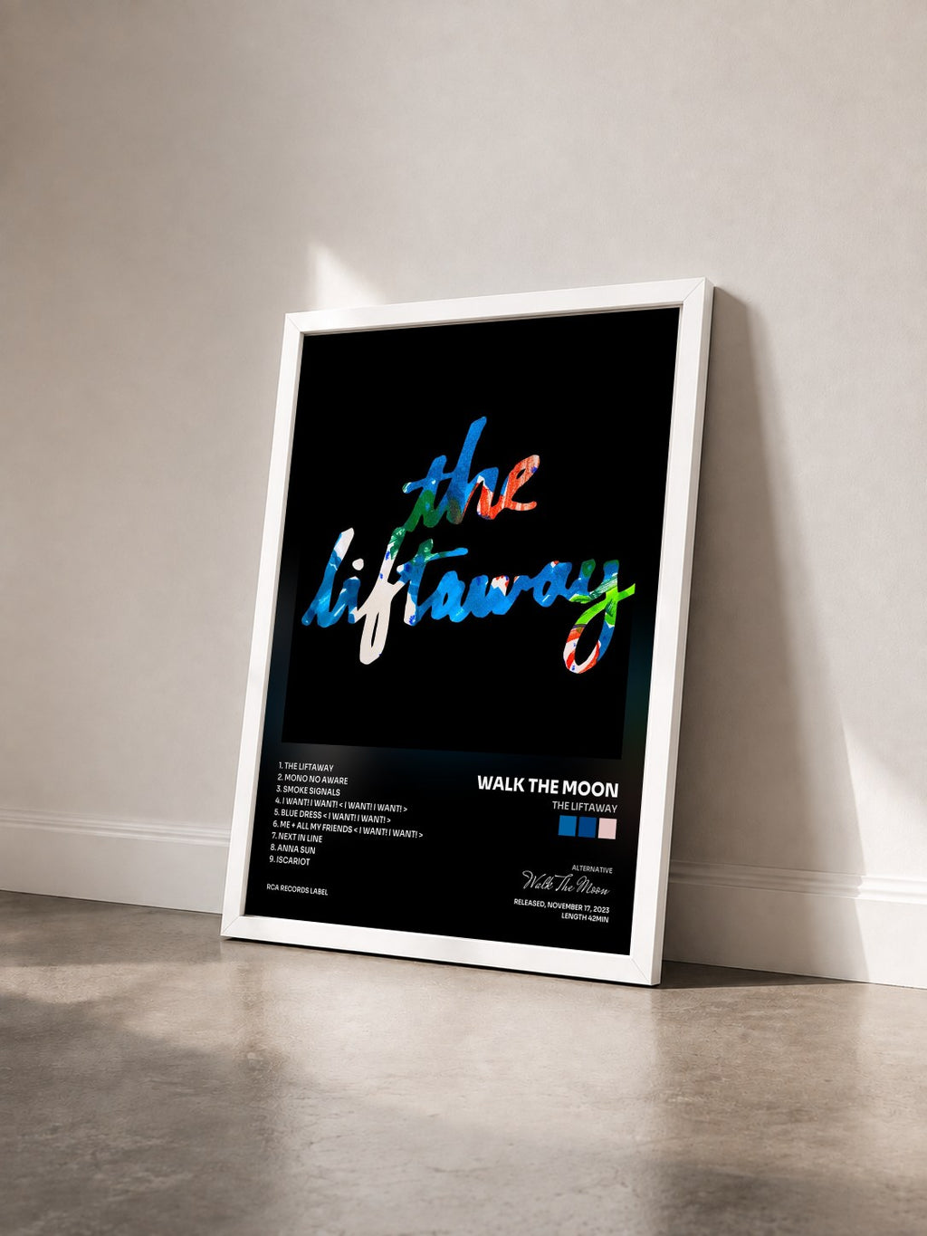 #blanc The Liftaway by Walk The Moon as a framed art print seen at an angle, white frame