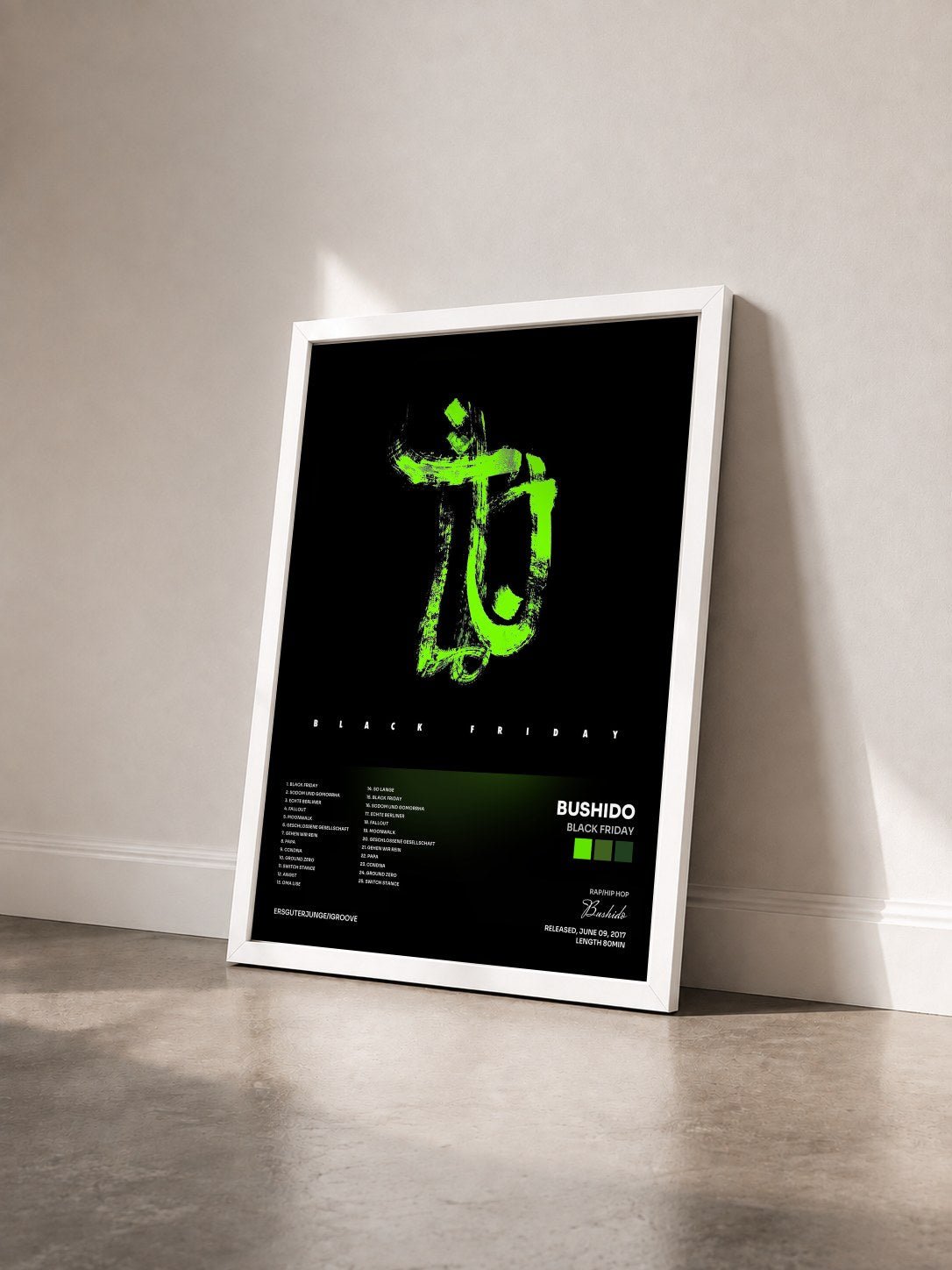 #blanc Tableau de l'album Black Friday de Bushido vu de trois quarts, cadre blanc