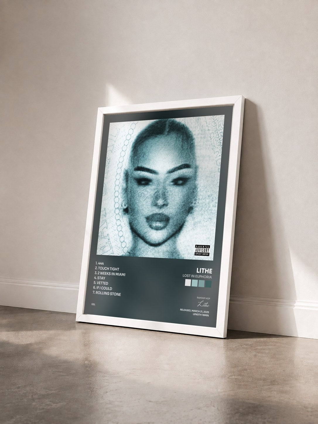 #blanc Tableau de l'album Lost In Euphoria de Lithe vu de trois quarts, cadre blanc